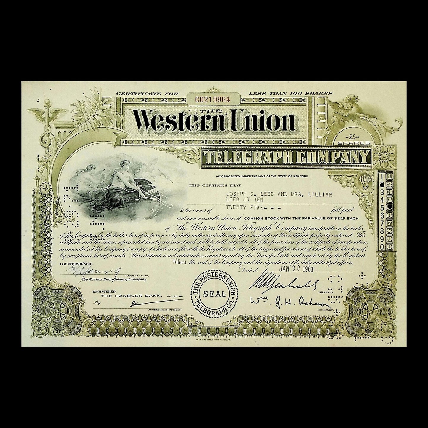 Western Union Telegraph Company Stock Certificate from 1963