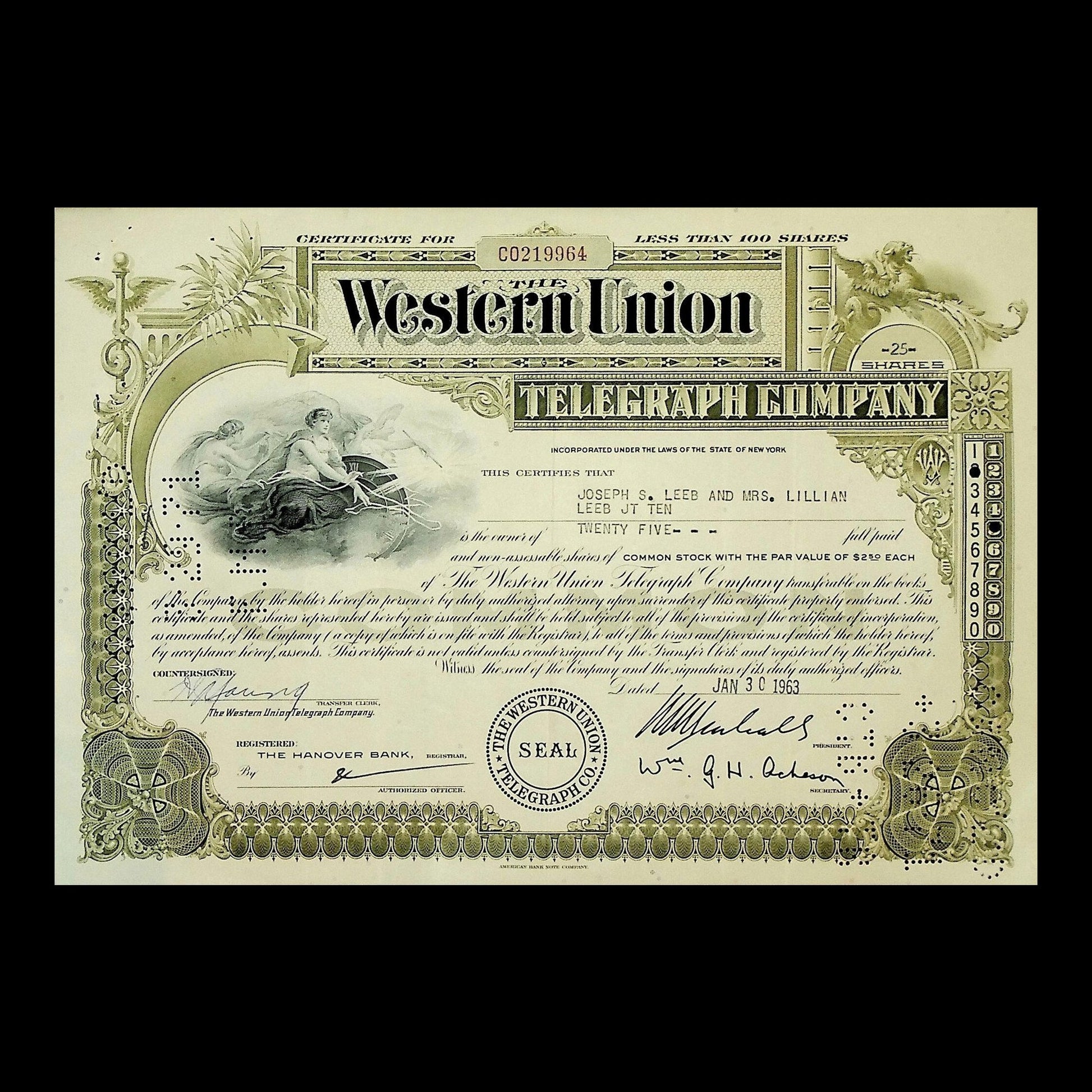 Western Union Telegraph Company Stock Certificate from 1963