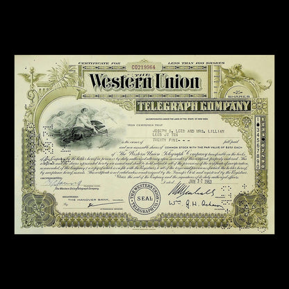 Western Union Telegraph Company Stock Certificate from 1963