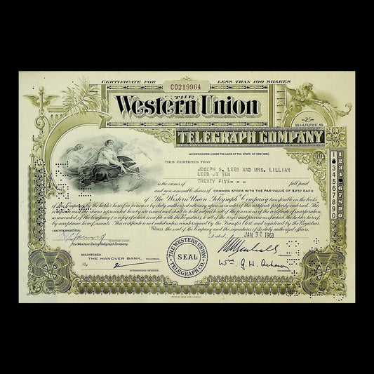Western Union Telegraph Company Stock Certificate from 1963