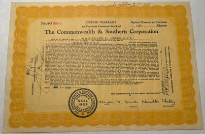 The Commonwealth and Southern Corp Stock Certificate