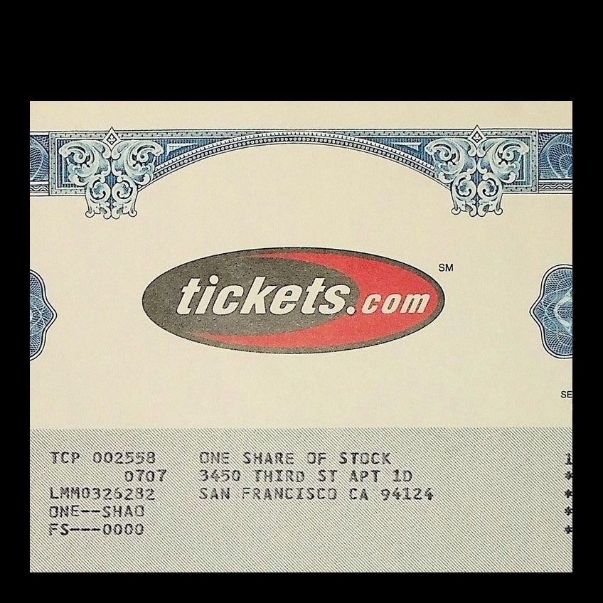 Tickets.com, Inc. Stock Certificate from 2003