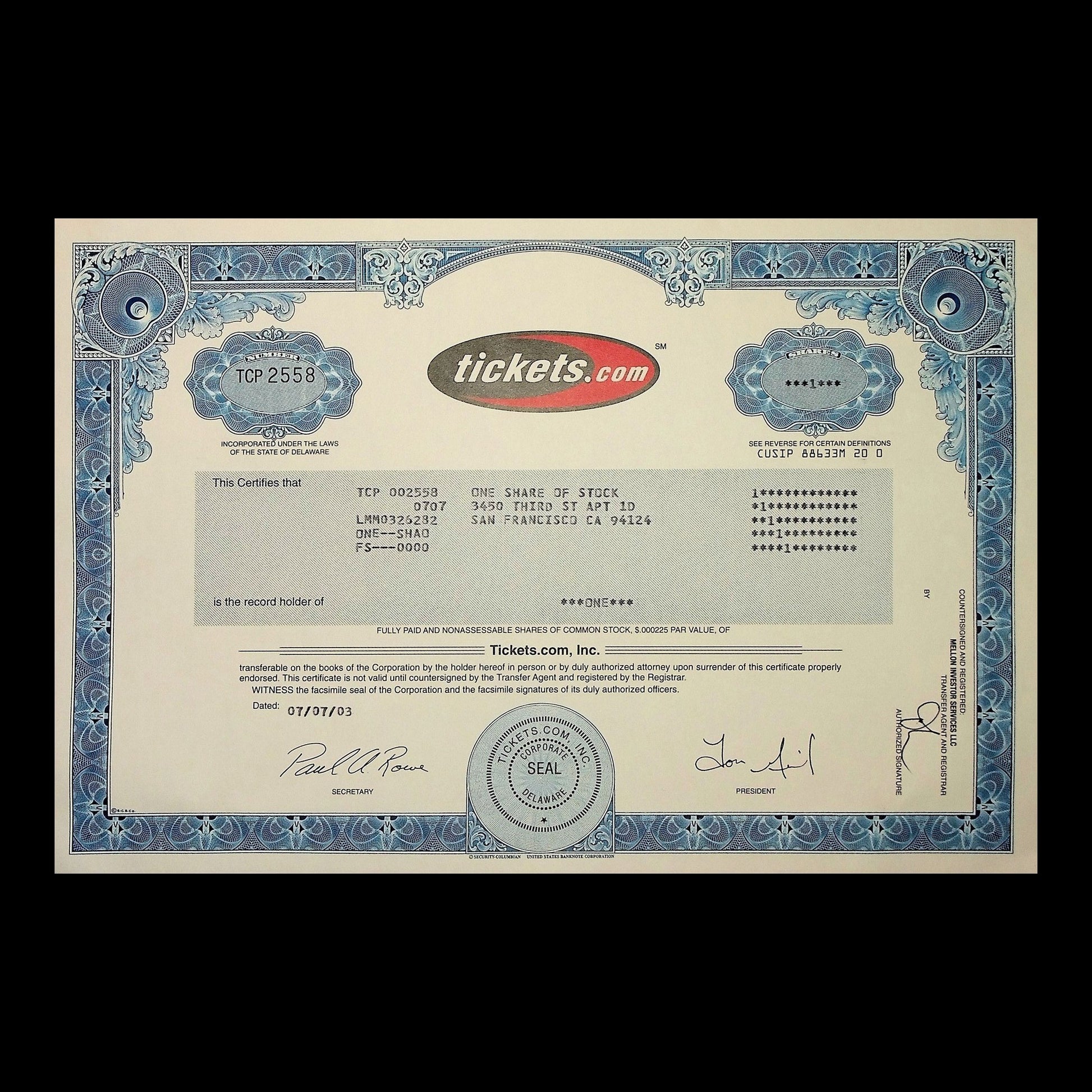 Tickets.com, Inc. Stock Certificate from 2003