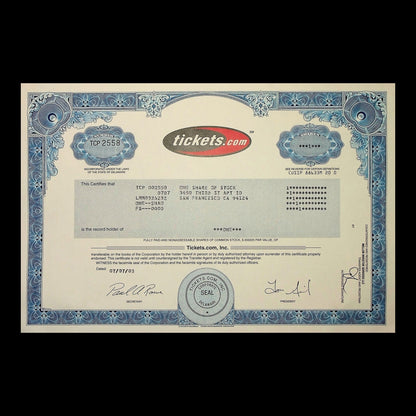 Tickets.com, Inc. Stock Certificate from 2003