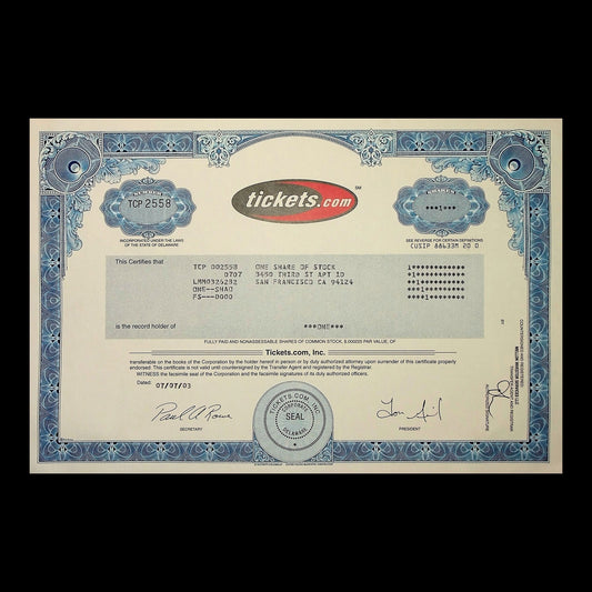 Tickets.com, Inc. Stock Certificate from 2003