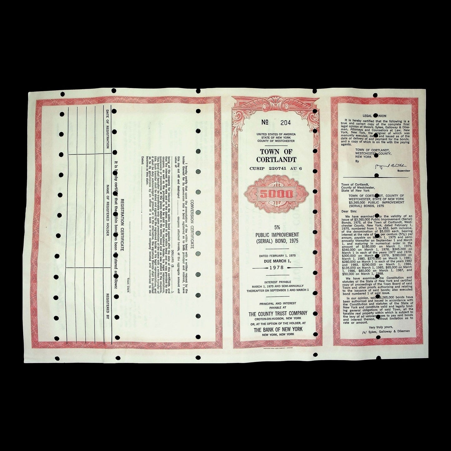 Town of Cortlandt Bond from 1978
