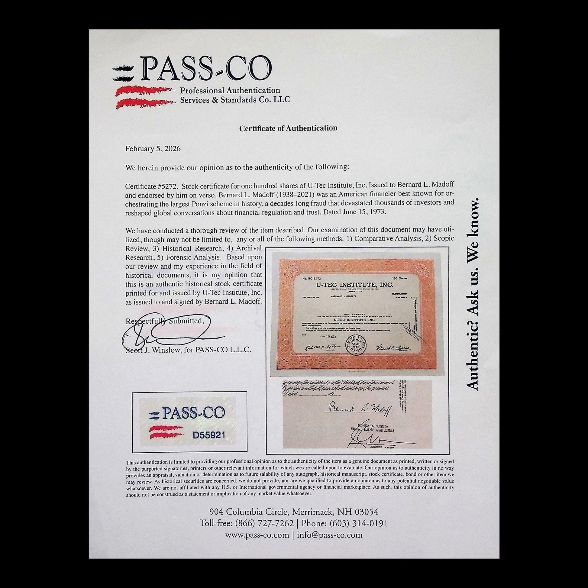U-Tec Institute, Inc. Stock Certificate from 1973