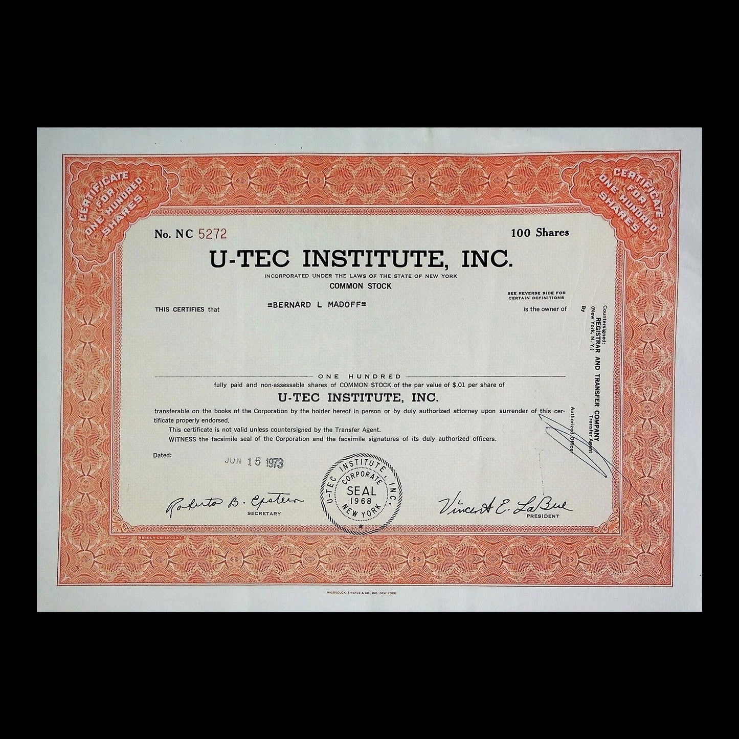 U-Tec Institute, Inc. Stock Certificate from 1973