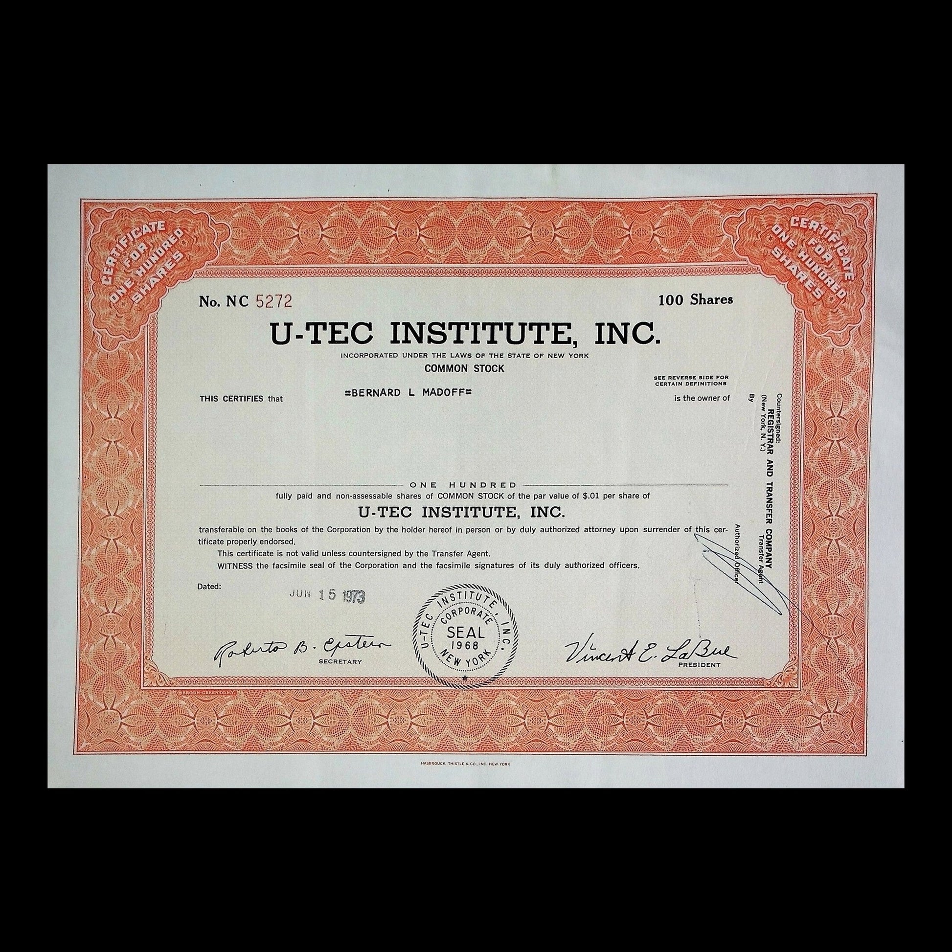 U-Tec Institute, Inc. Stock Certificate from 1973
