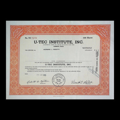 U-Tec Institute, Inc. Stock Certificate from 1973