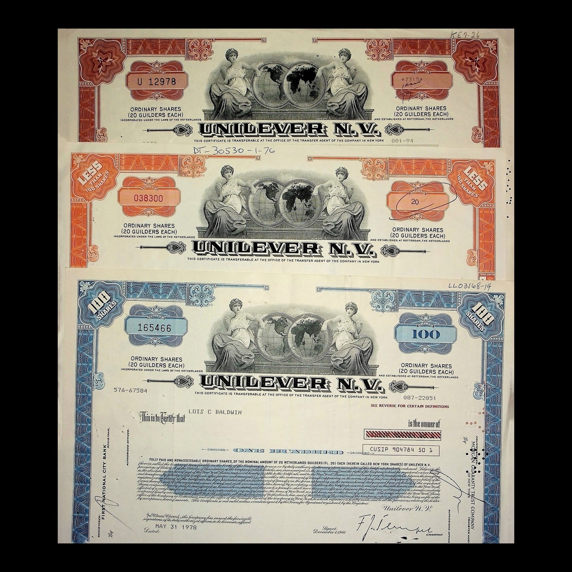 Unilever N.V. Stock Certificate from 1970