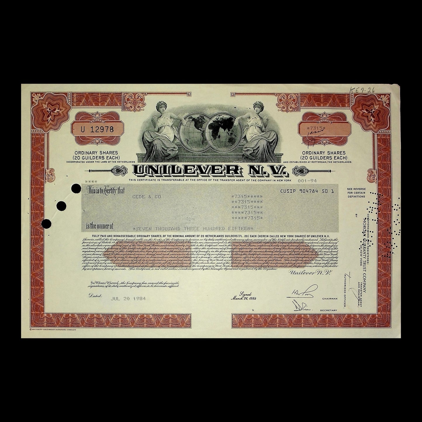 Unilever N.V. Stock Certificate from 1970