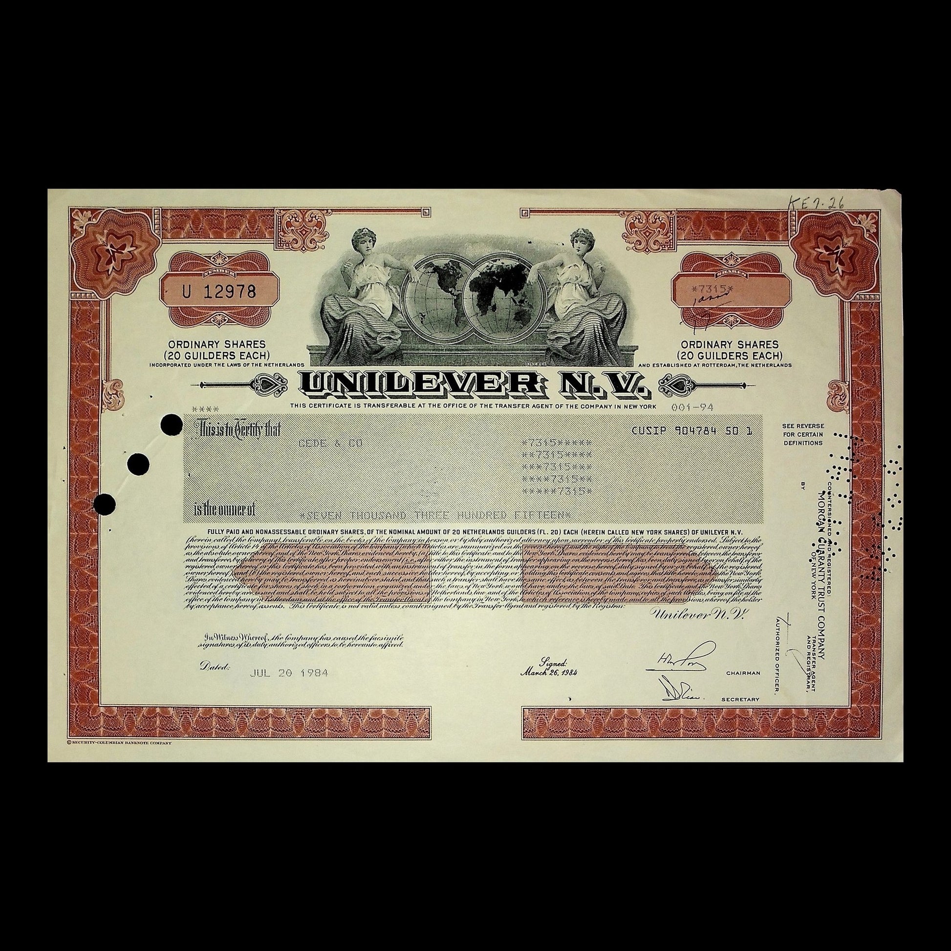 Unilever N.V. Stock Certificate from 1970