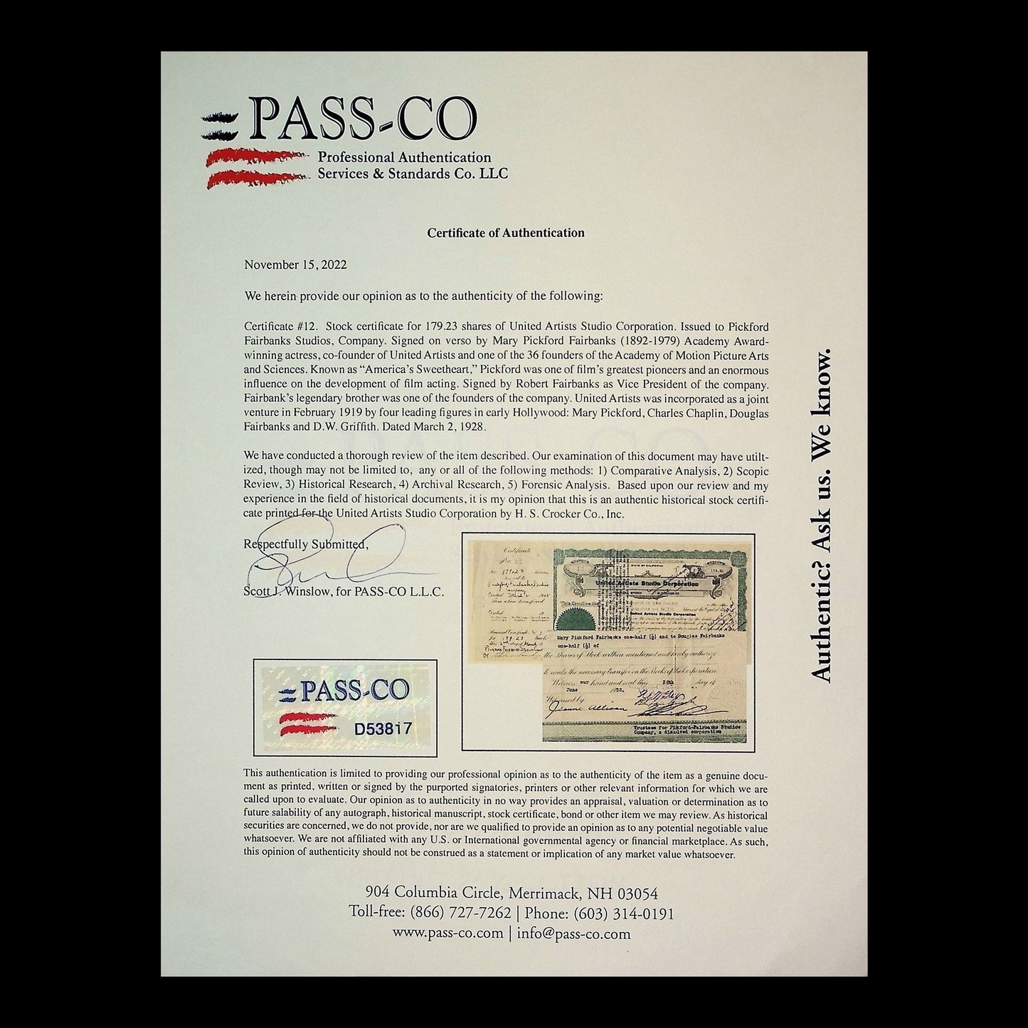 United Artists Studio Corporation Stock Certificate
