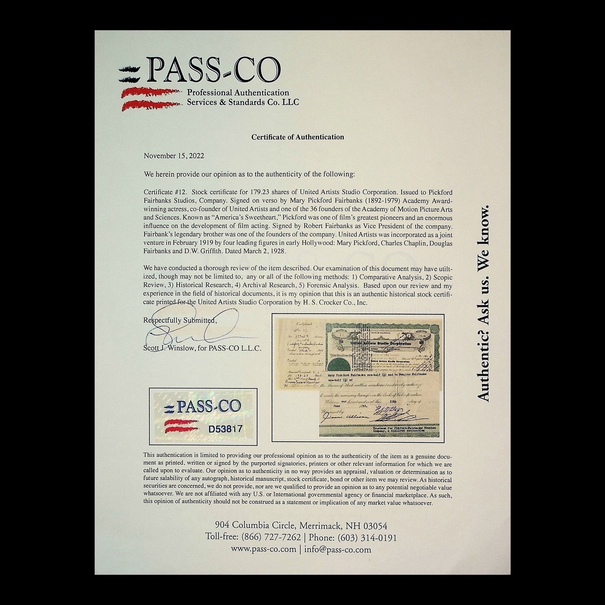 United Artists Studio Corporation Stock Certificate