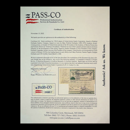 United Artists Studio Corporation Stock Certificate