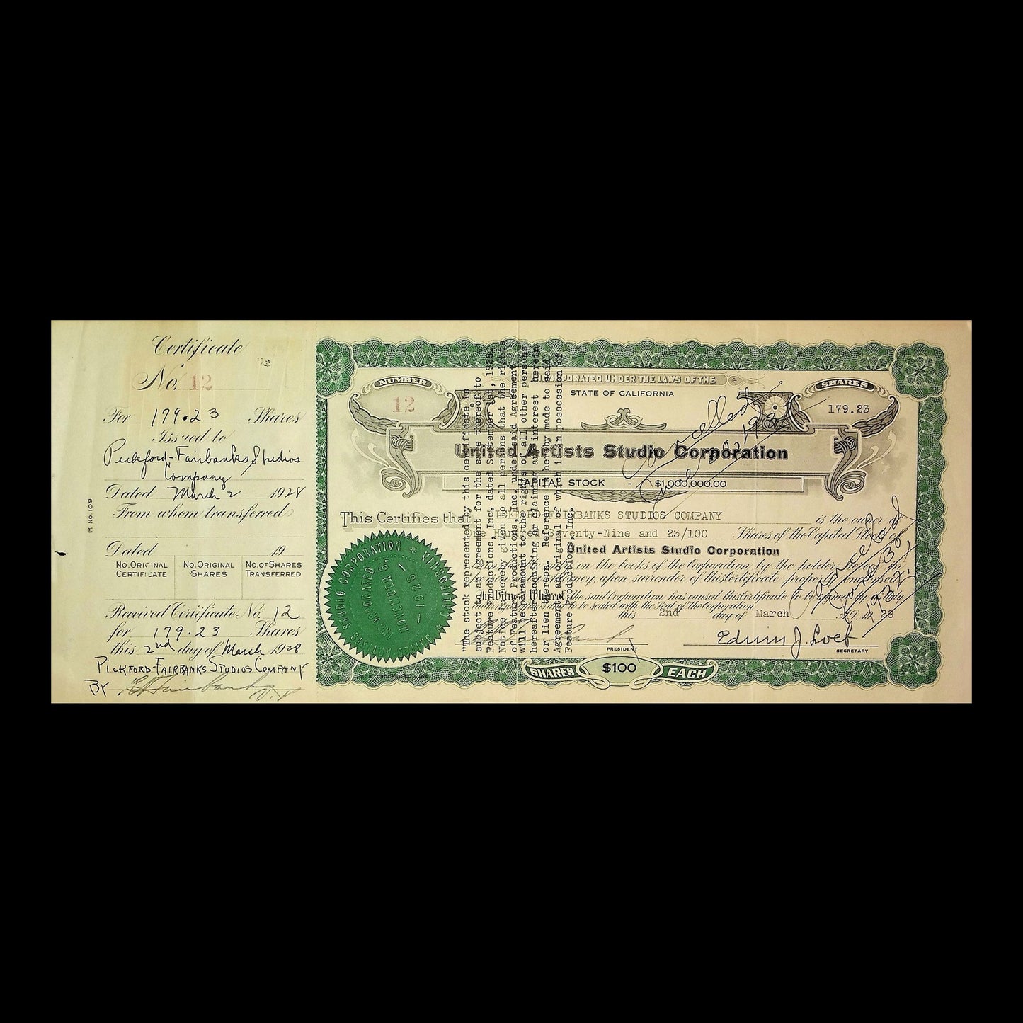 United Artists Studio Corporation Stock Certificate