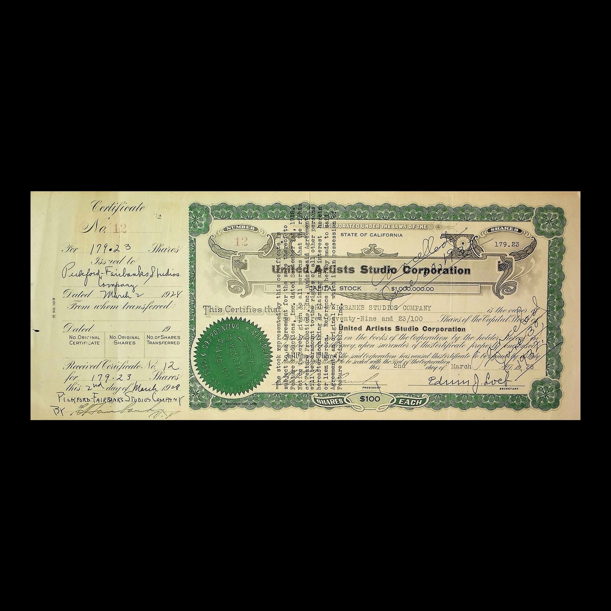United Artists Studio Corporation Stock Certificate