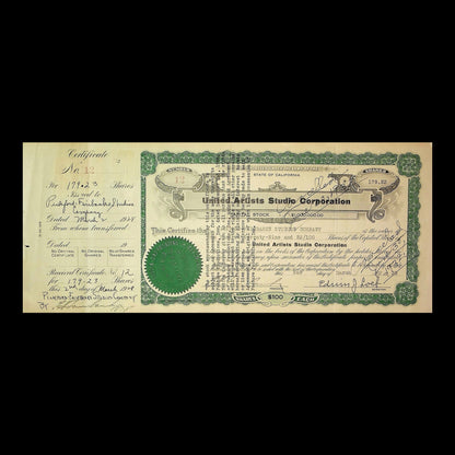United Artists Studio Corporation Stock Certificate