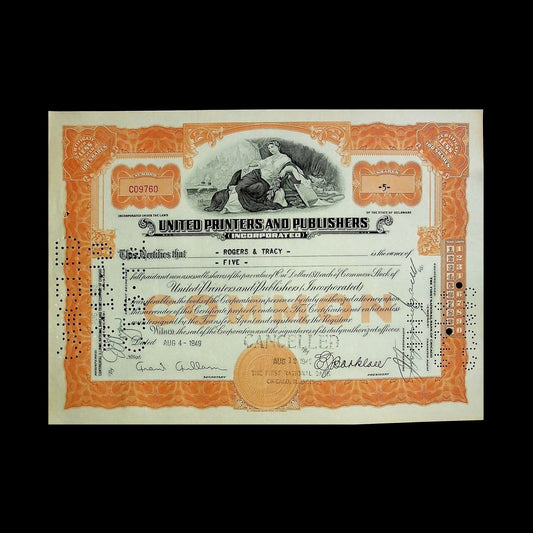 United Printers and Publishers Stock Certificate from 1949