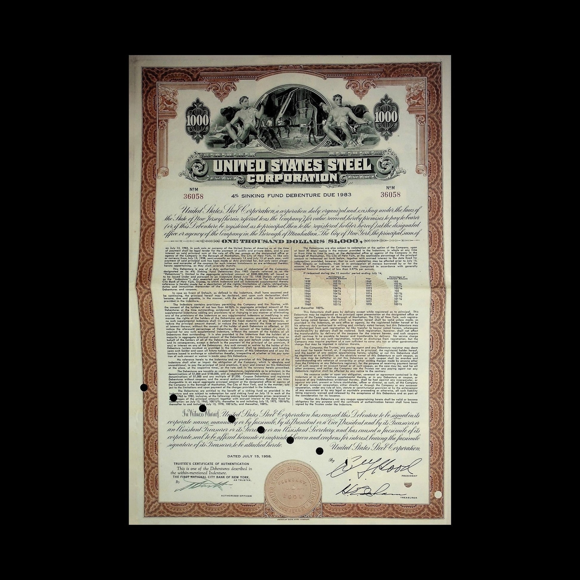 United States Steel Corporation Bond from 1958