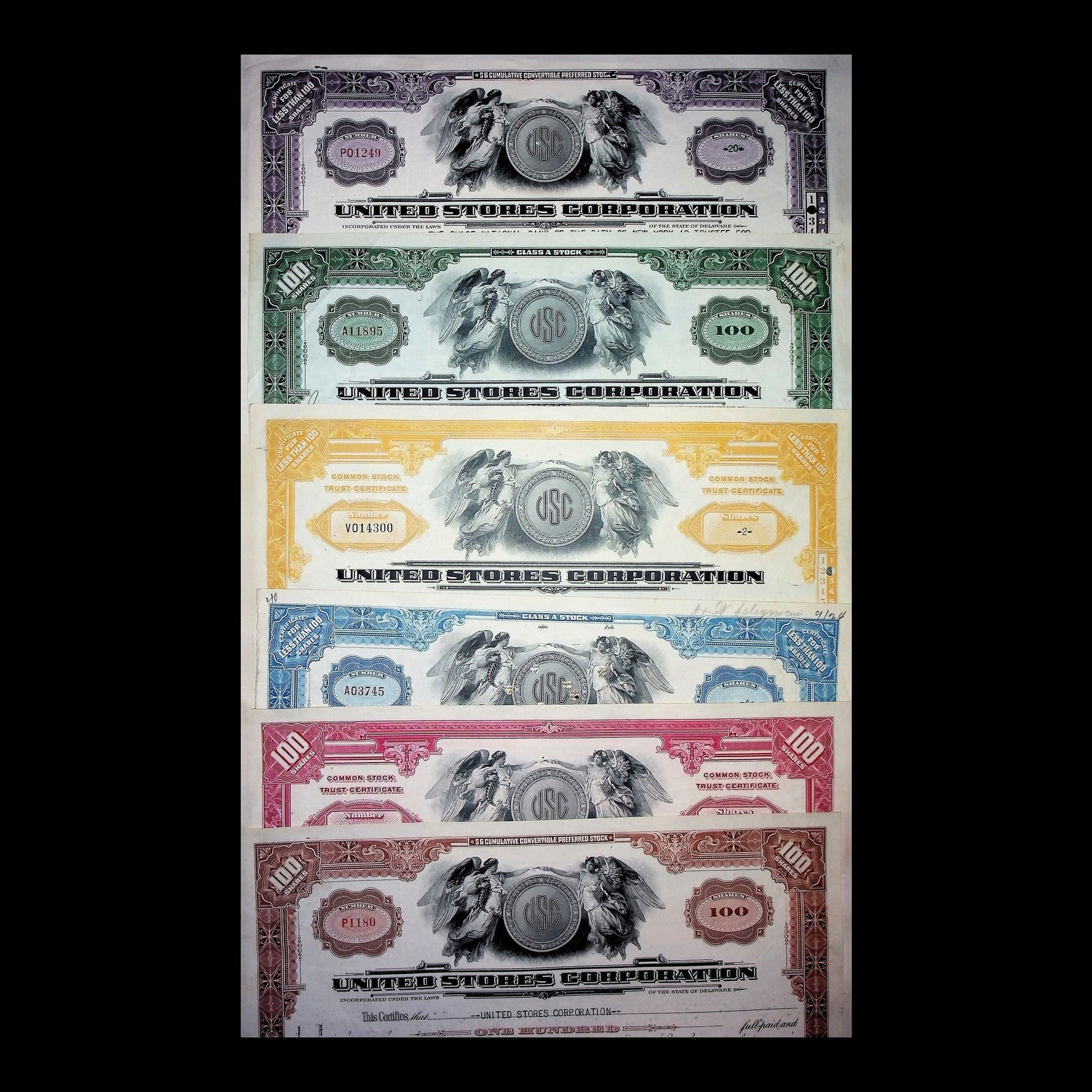 United Stores Corporation Stock Certificate Set from 1920s