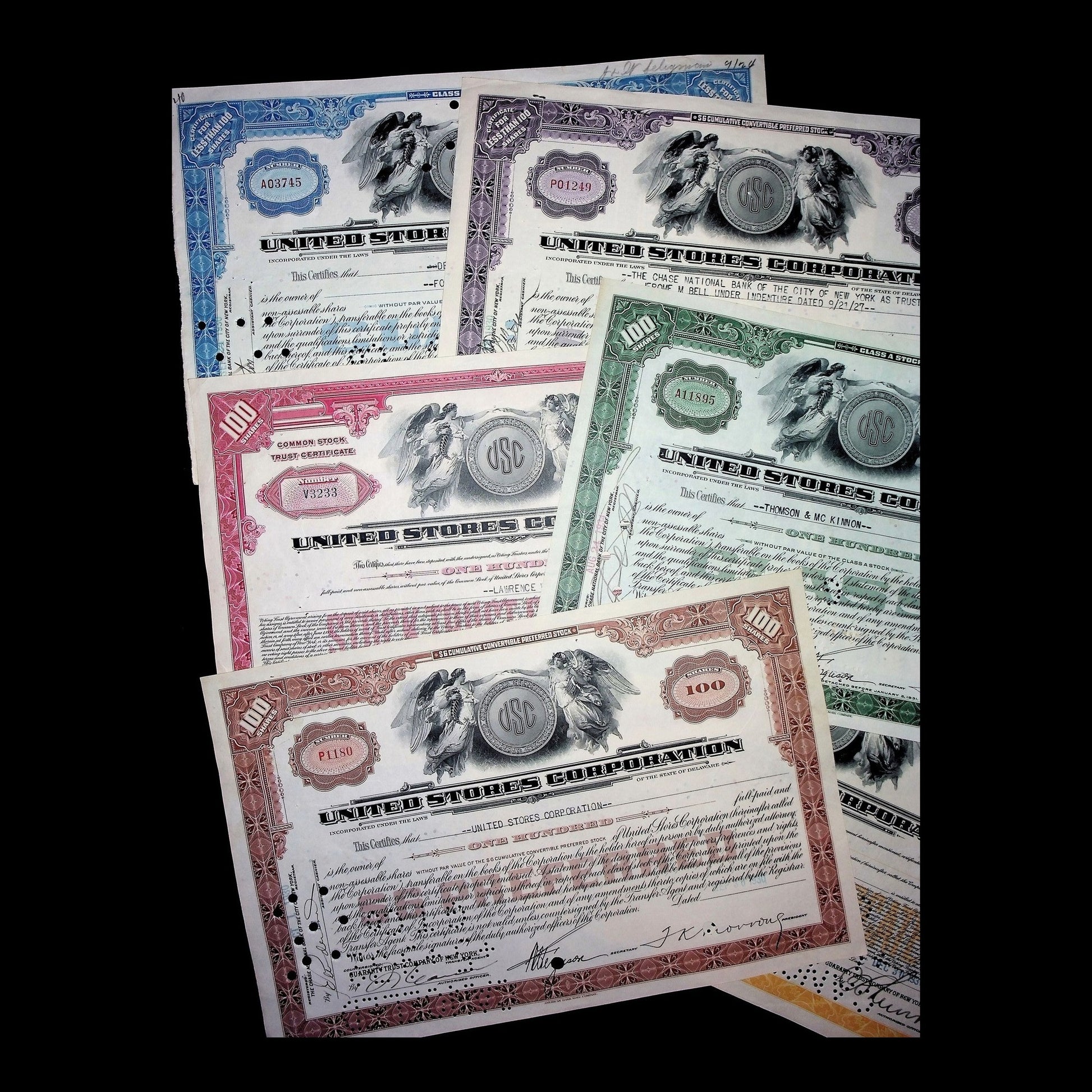 United Stores Corporation Stock Certificate Set from 1920s