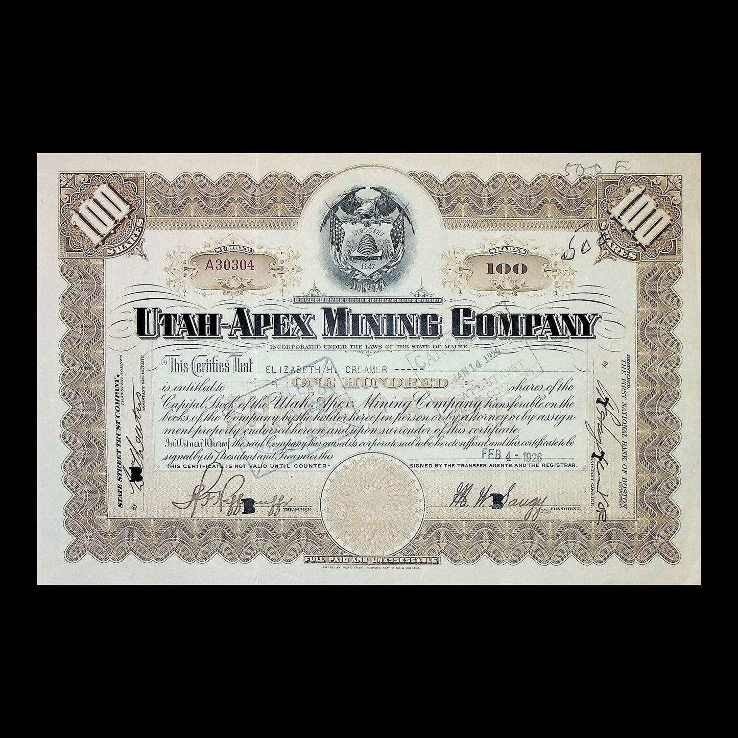 Utah-Apex Mining Company Stock Certificate from 1926