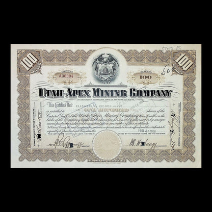 Utah-Apex Mining Company Stock Certificate from 1926