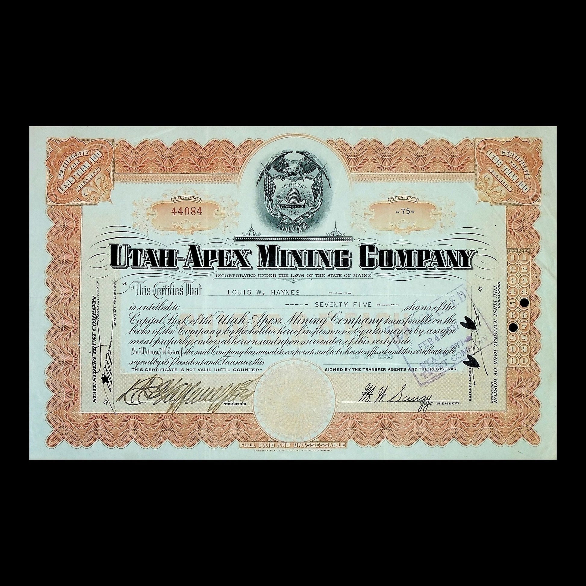 Utah-Apex Mining Company Stock Certificate from 1926