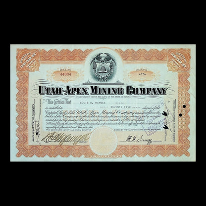 Utah-Apex Mining Company Stock Certificate from 1926