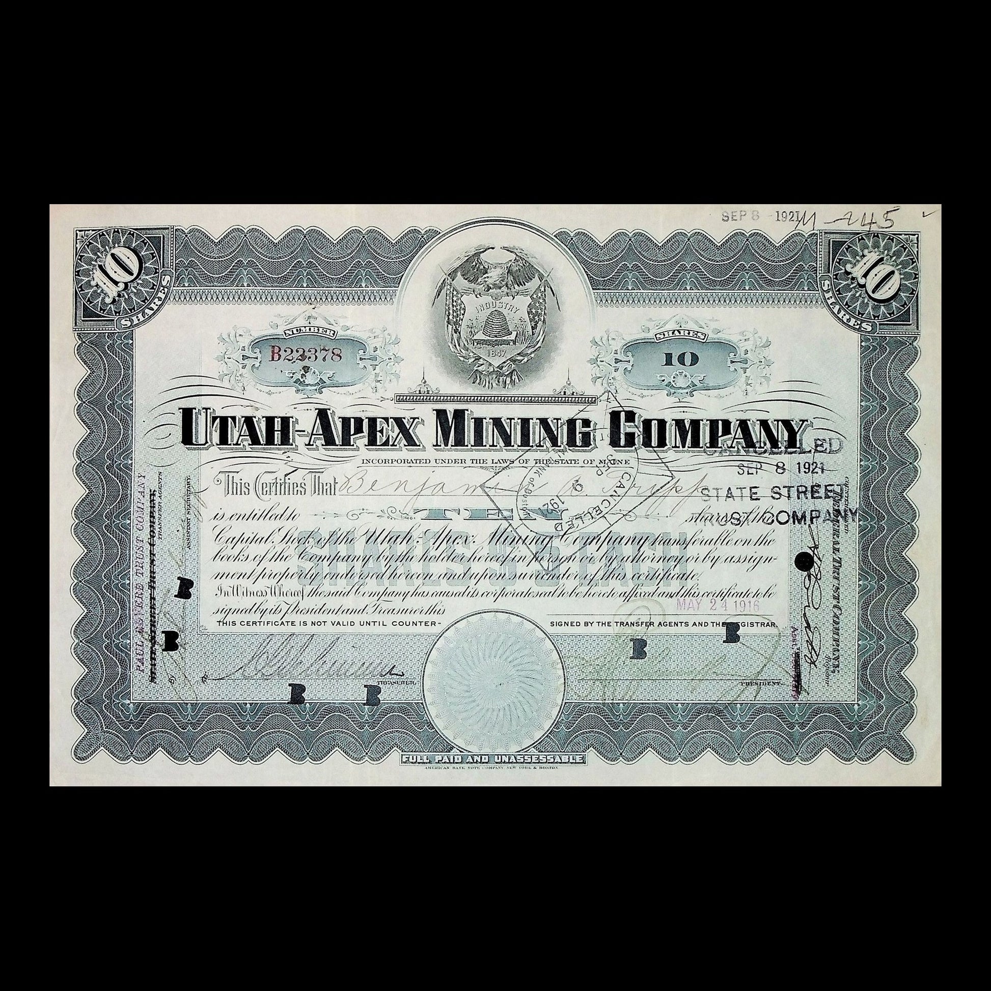Utah-Apex Mining Company Stock Certificate from 1926