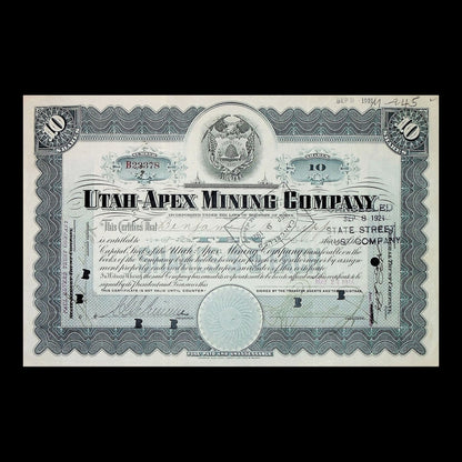 Utah-Apex Mining Company Stock Certificate from 1926