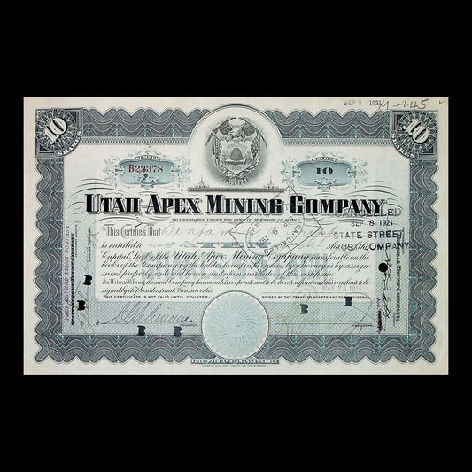 Utah-Apex Mining Company Stock Certificate from 1926