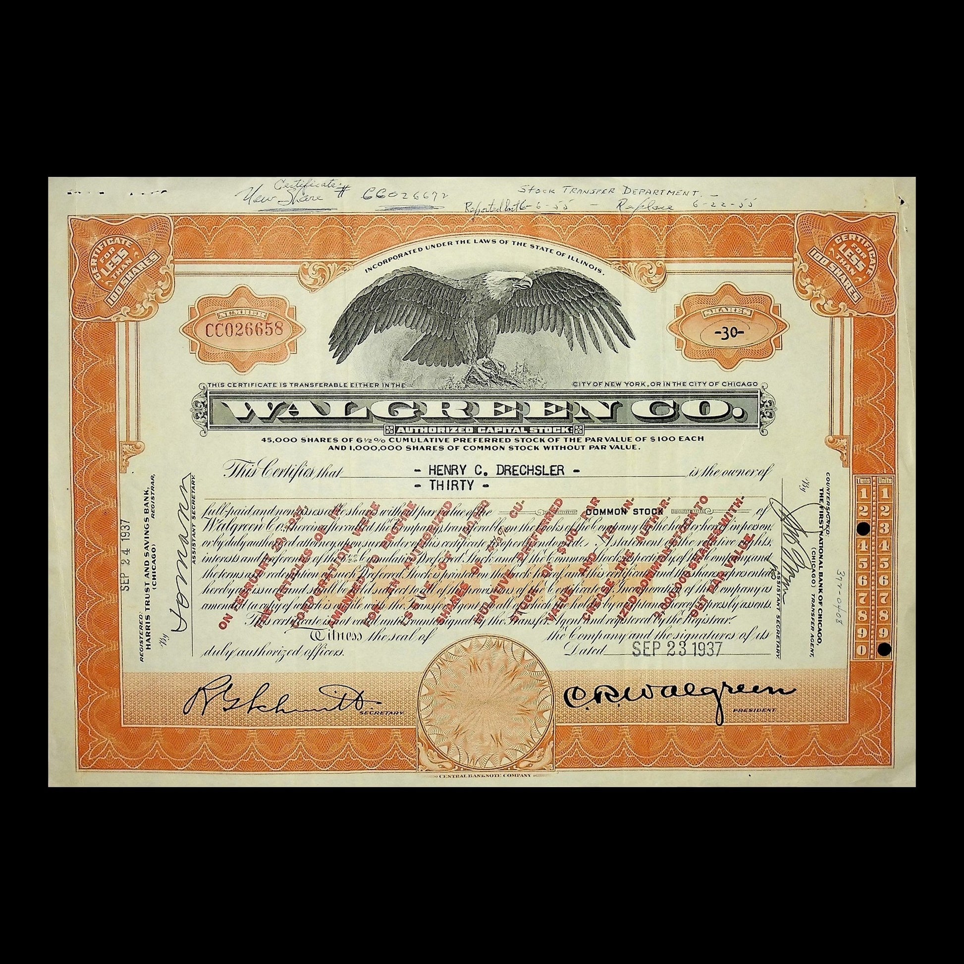 V.A. Green Co. Stock Certificate from 1937