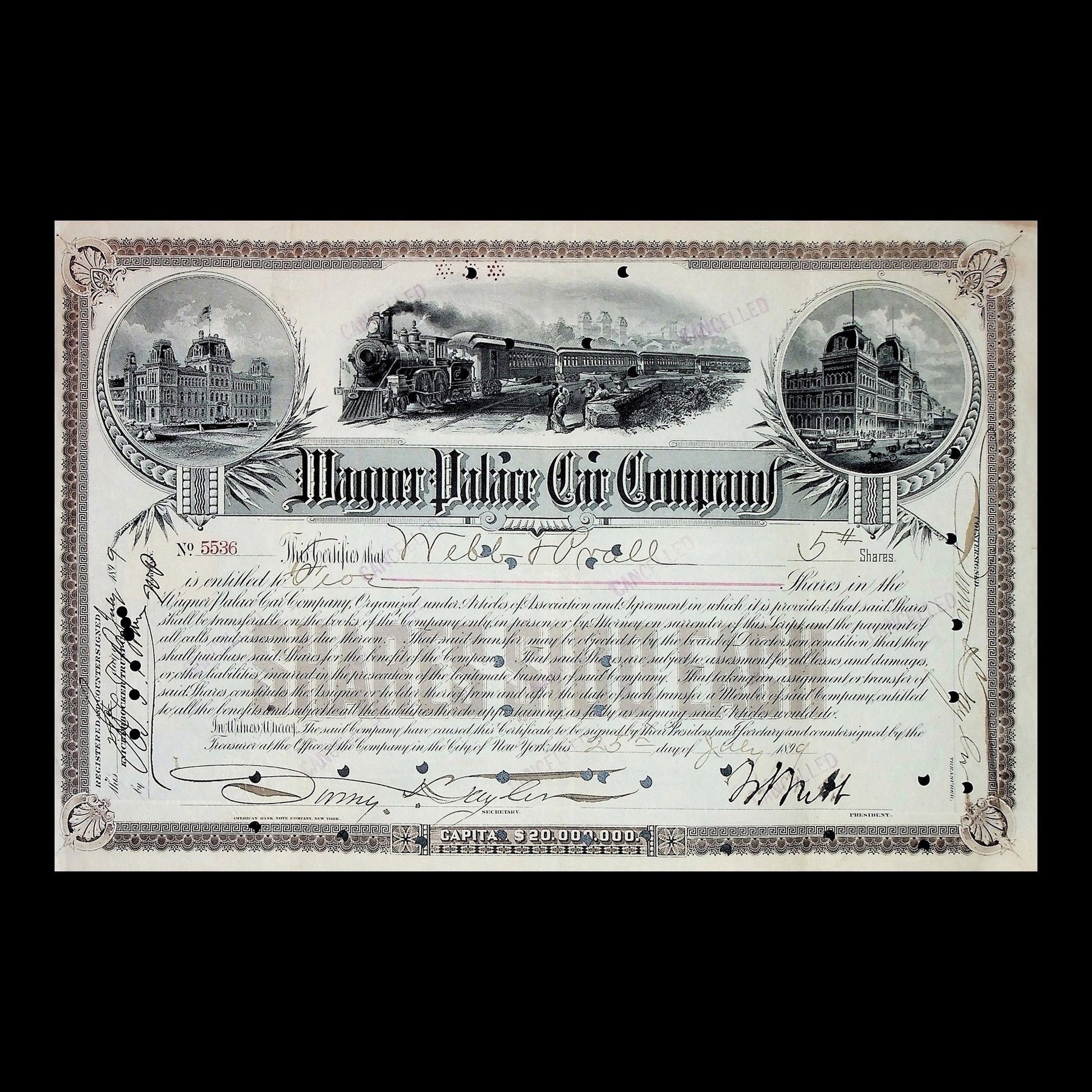 Wagner Palace Car Company Stock Certificate from 1870s