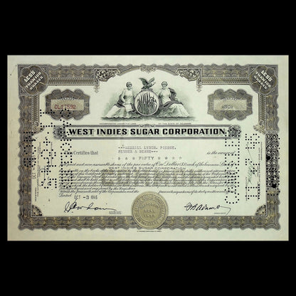 West Indies Sugar Corporation Stock Certificate from 1940s