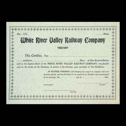 White River Valley Railway Company Stock Certificate from 1905