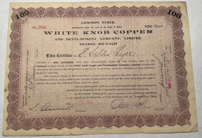 White Knob Copper & Development Company Stock Certificate