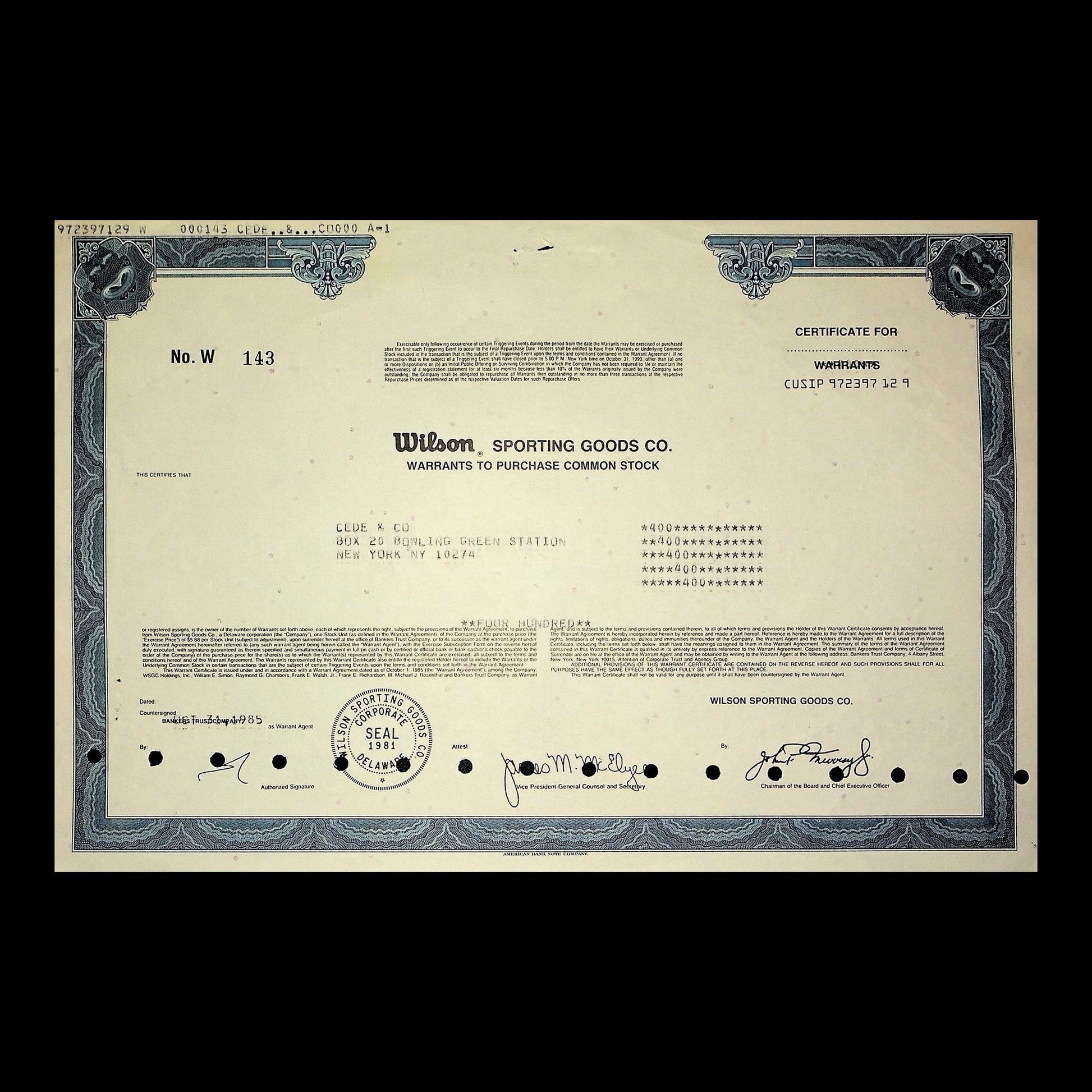 Wilson Sporting Goods Co. Stock Certificate from 1981