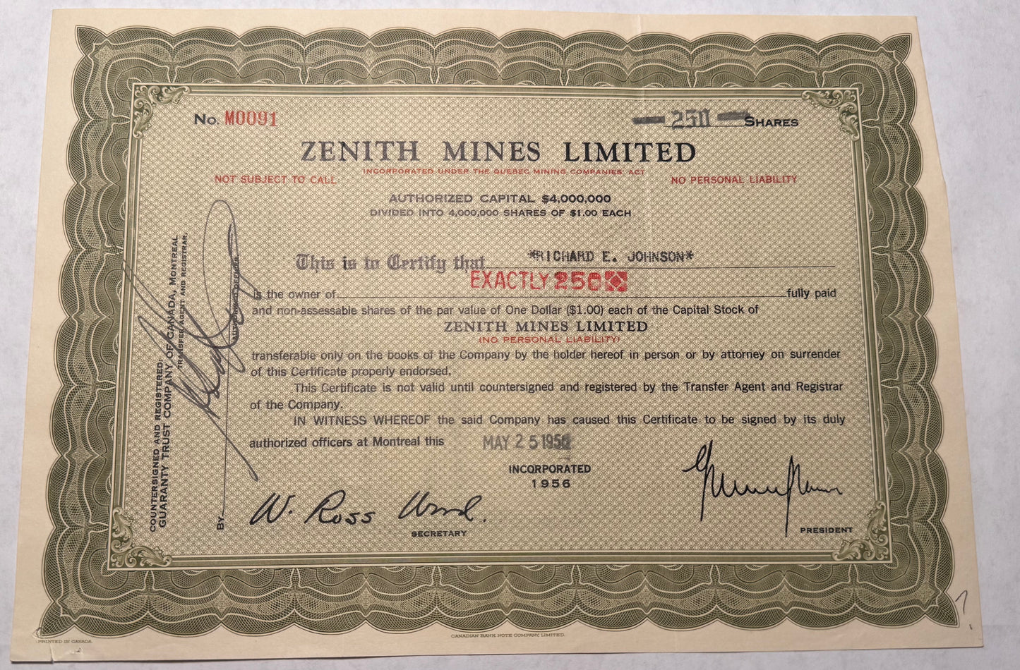  This green stock certificate from Zenith Mines Limited, issued in 1956 for 250 shares, features cancellation holes, stamps